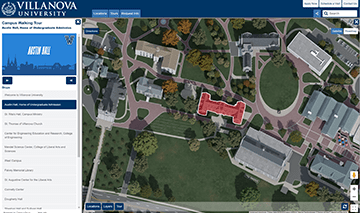 Villanova University interactive campus map depicting a video tour highlighting a location on the map in red